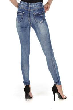 Blue Embroided Flower Ripped Jeans