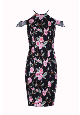 Embroidered Midi Dress with Frill Detail