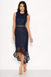 Navy Fishtail Hem Lace Midi Dress