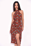 Red Floral Choker Neck Dress