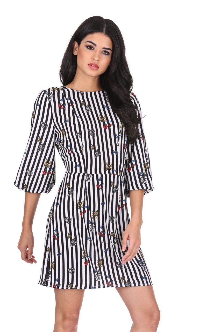 Floral Pinstripe Bell Sleeve Skater Dress AX Paris US Floral Pinstripe Bell Sleeve Skater Dress AX Paris US