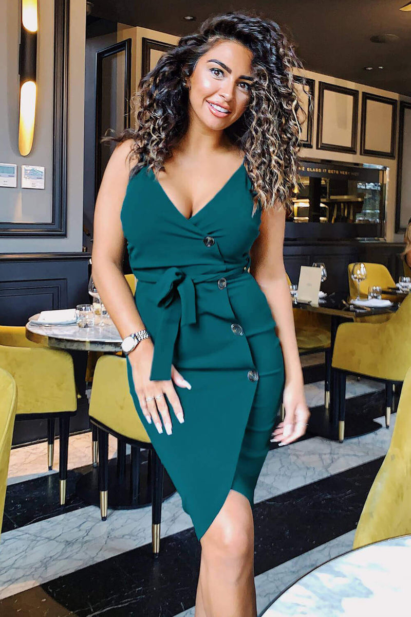Forest Green Button Front Detail Bodycon Midi Dress