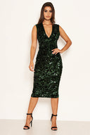 Green Sequin Velvet Bodycon Midi Dress