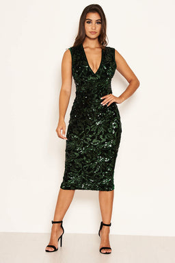 Green Sequin Velvet Bodycon Midi Dress