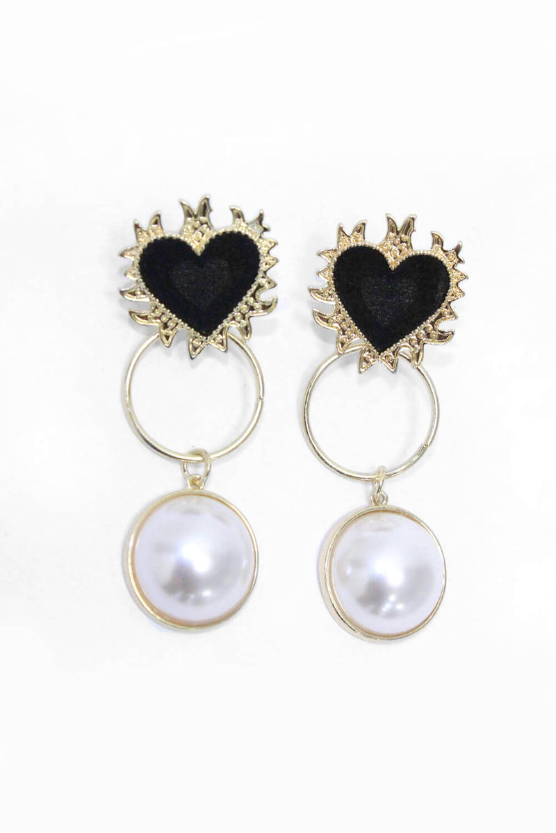 Gold Pearl Heart Long Earrings