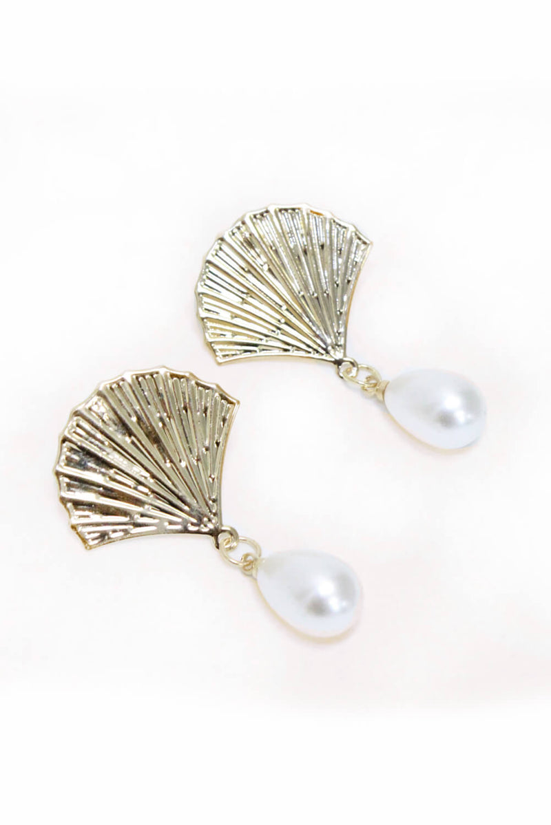 Gold Shell Pearl Drop Earrings
