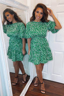 Green Abstract Print Puff Sleeve Dress