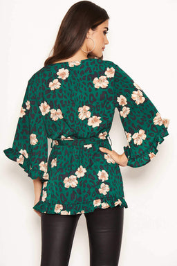 Green Animal Print Wrap Top