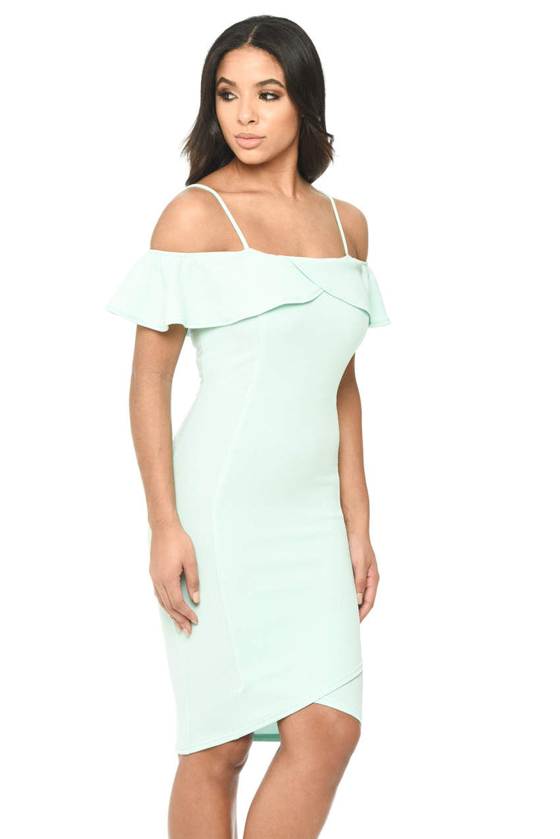 Green Bodycon Midi Dress Featuring A Bardot Frill