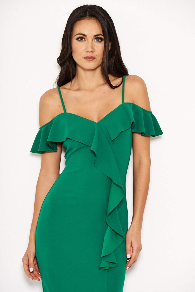 Green Cold Shoulder Frill Detail Midi Dress