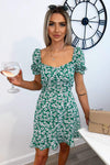 Green Floral Print Milkmaid Neckline Dress