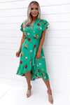 Green Floral Printed Frill Midi Dress