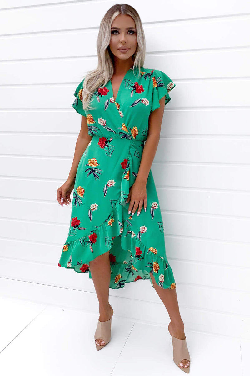 Green Floral Printed Frill Midi Dress AX Paris US Green Floral Printed Frill Midi Dress AX Paris US