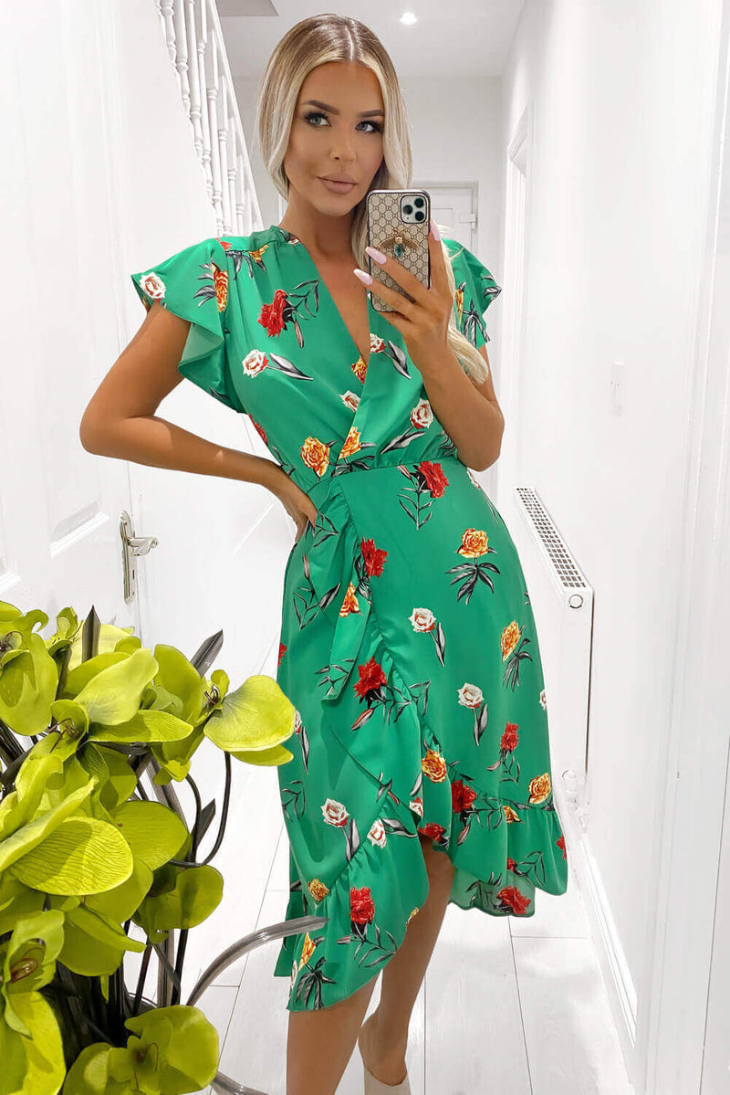 Green Floral Printed Frill Midi Dress AX Paris US Green Floral Printed Frill Midi Dress AX Paris US