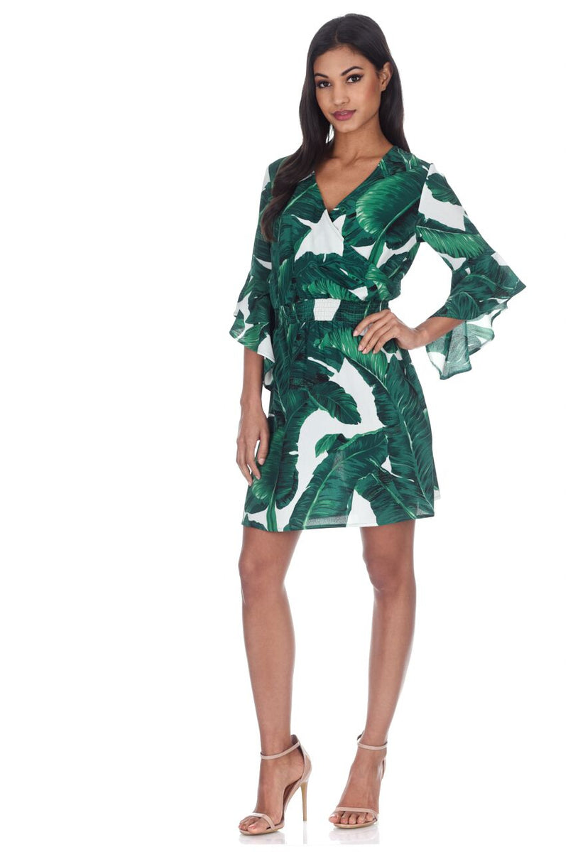 Green Leaf Print V-Neck Sleeved Skater Dress