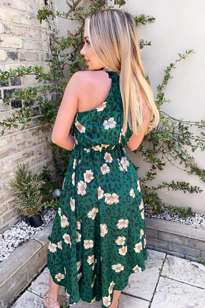 Green Leopard Print High Neck Dress