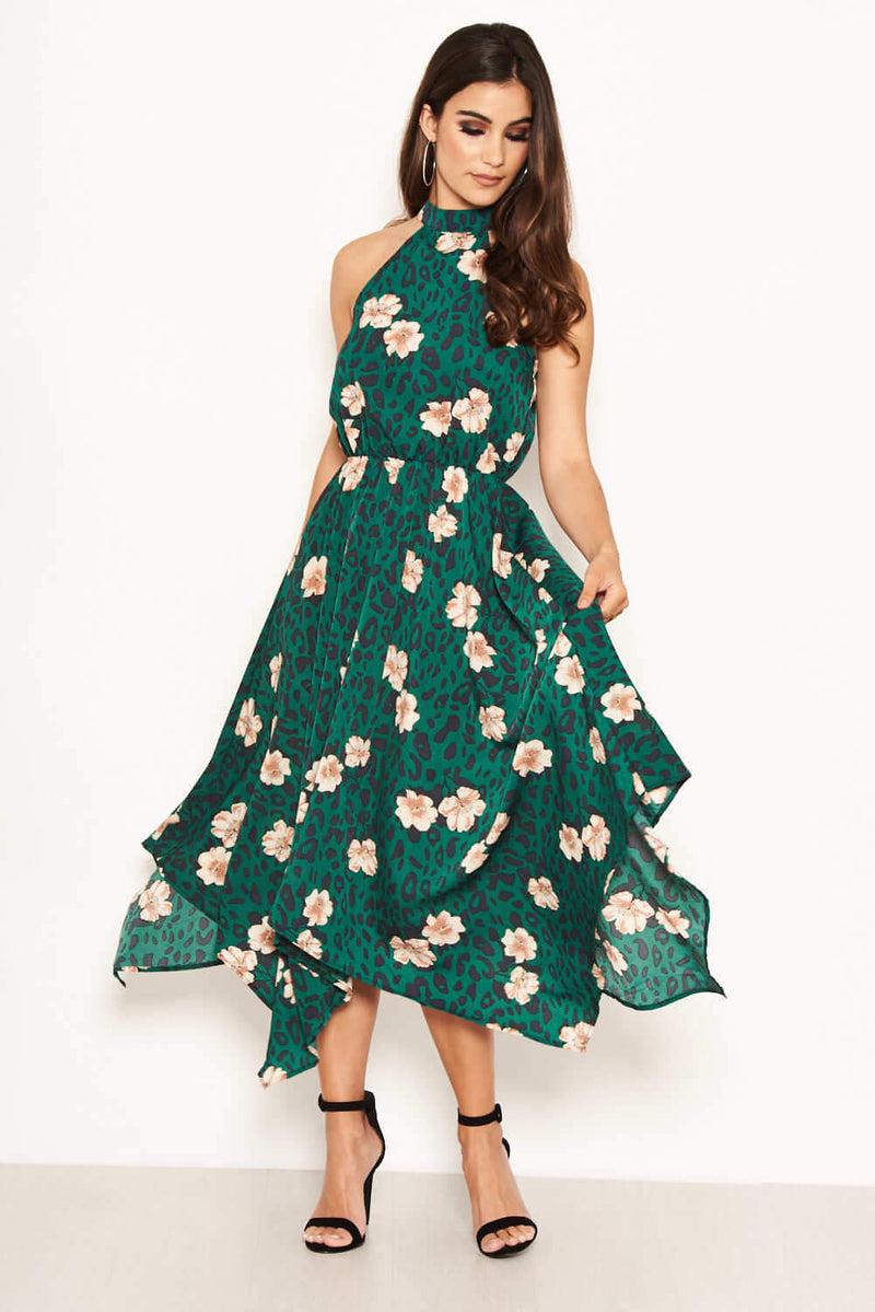 Green Leopard Print High Neck Dress