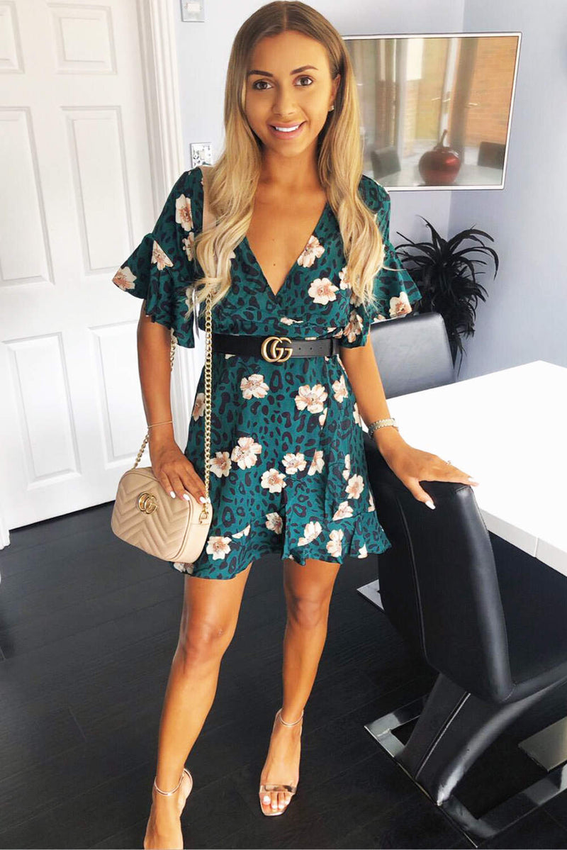 green leopard wrap dress Wrap Dress Green Leopard Dress Green Leopard Print Ruffle Hem Wrap Dress