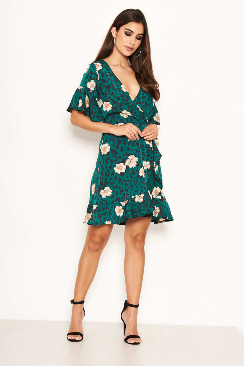 Green Leopard Print Wrap Dress