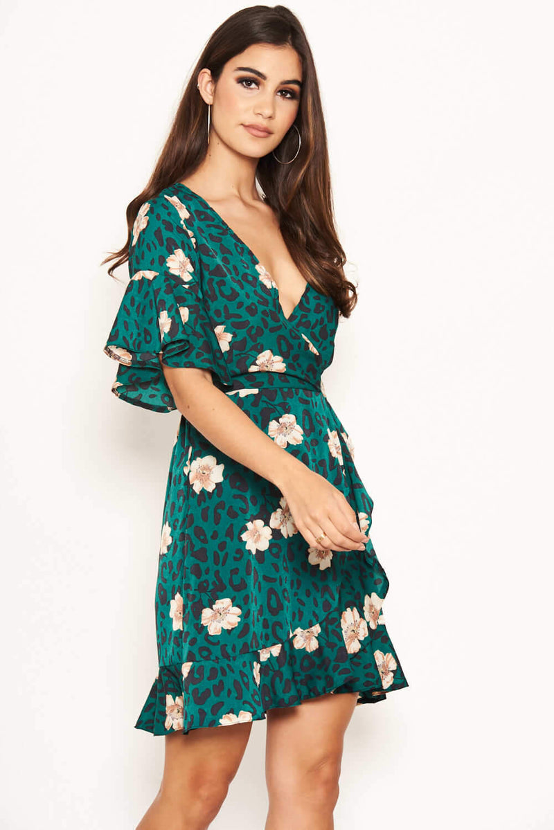 Green Leopard Print Wrap Dress