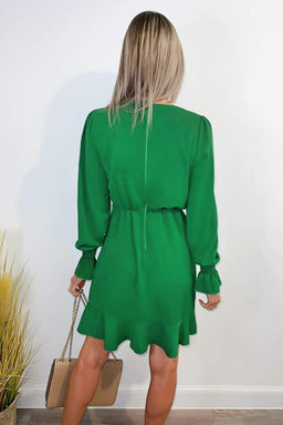 Green Long Sleeve V Neck Wrap Dress