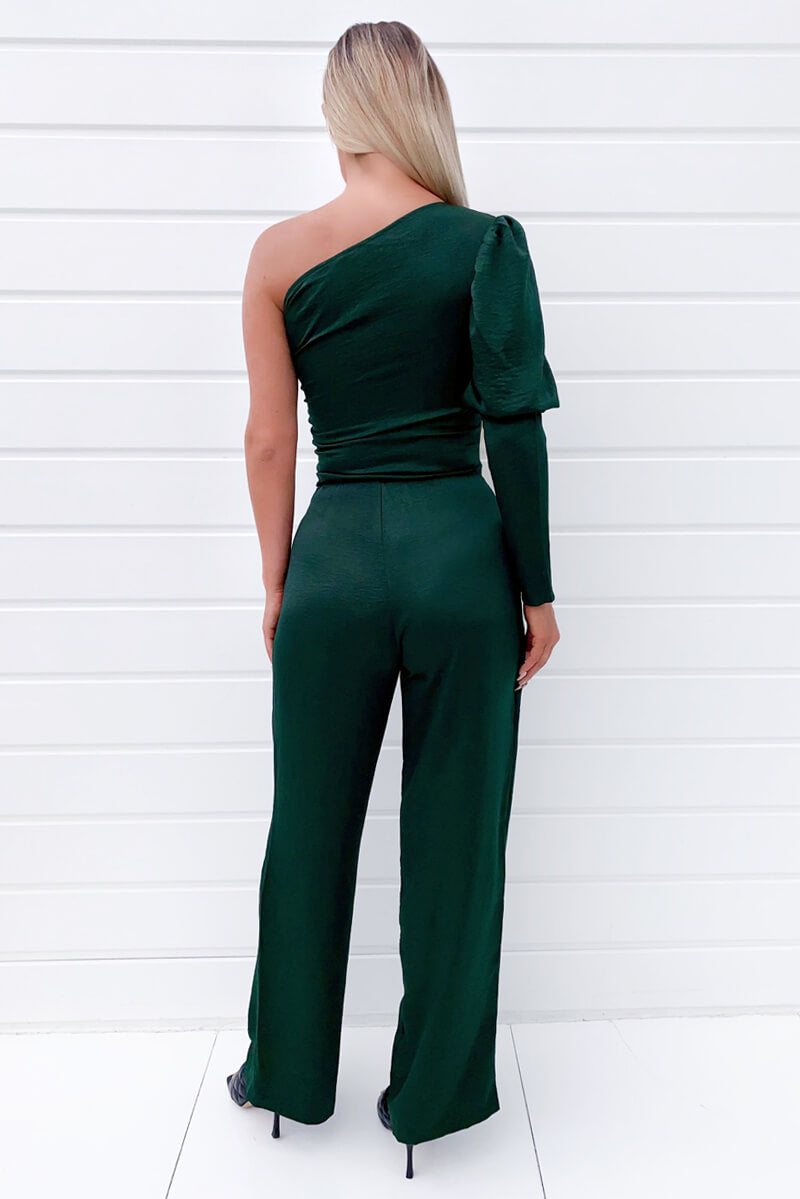 Green One Shoulder Puff Sleeve Jumpsuit