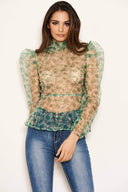 Green Organza Puff Sleeve Top