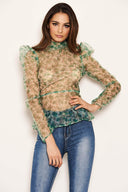 Green Organza Puff Sleeve Top