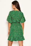 Green Patterned Wrap Frill Mini Dress