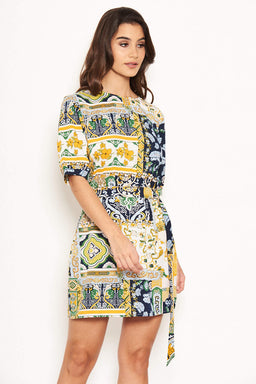 Green Printed Belted Day Dress
