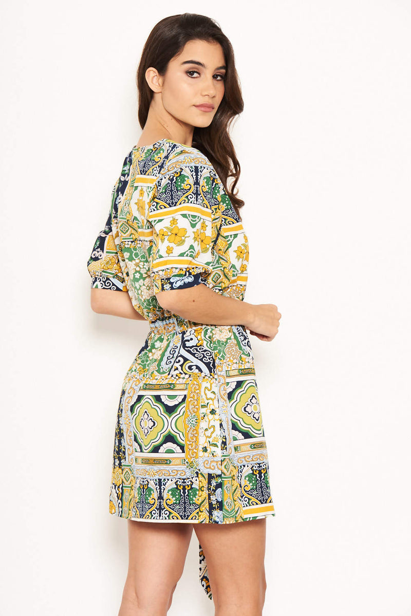 Green Printed Belted Day Dress