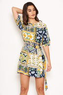 Green Printed Belted Day Dress