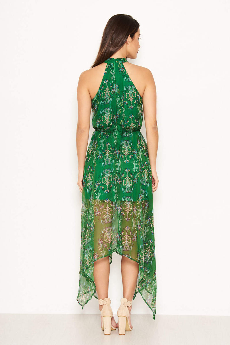 Green Printed Halterneck Maxi Dress