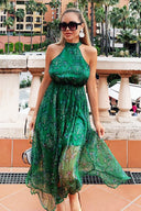 Green Printed Halterneck Maxi Dress