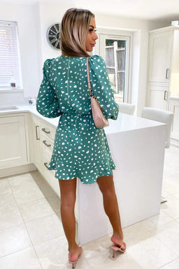 Green Printed High Neck Skater Dress