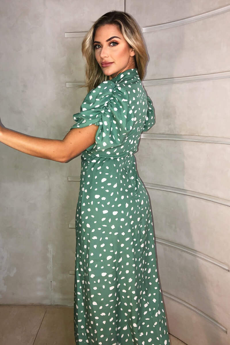 Green Printed Ruched Short Sleeve Midi Dress