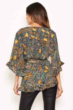 Green Printed Wrap Frill Top