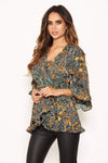 Green Printed Wrap Frill Top