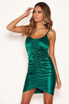 Green Ruched Front Satin Dress