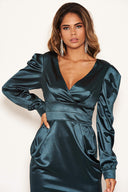 Green Satin Bodycon V Neck Dress