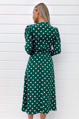 Green Spot Ruched Detail Midi Dress