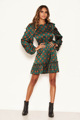 Green Spotty Dress With Frill Hem