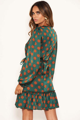 Green Spotty Dress With Frill Hem
