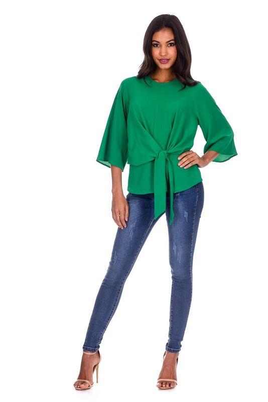 Green Tie Waist Flared Sleeve Top