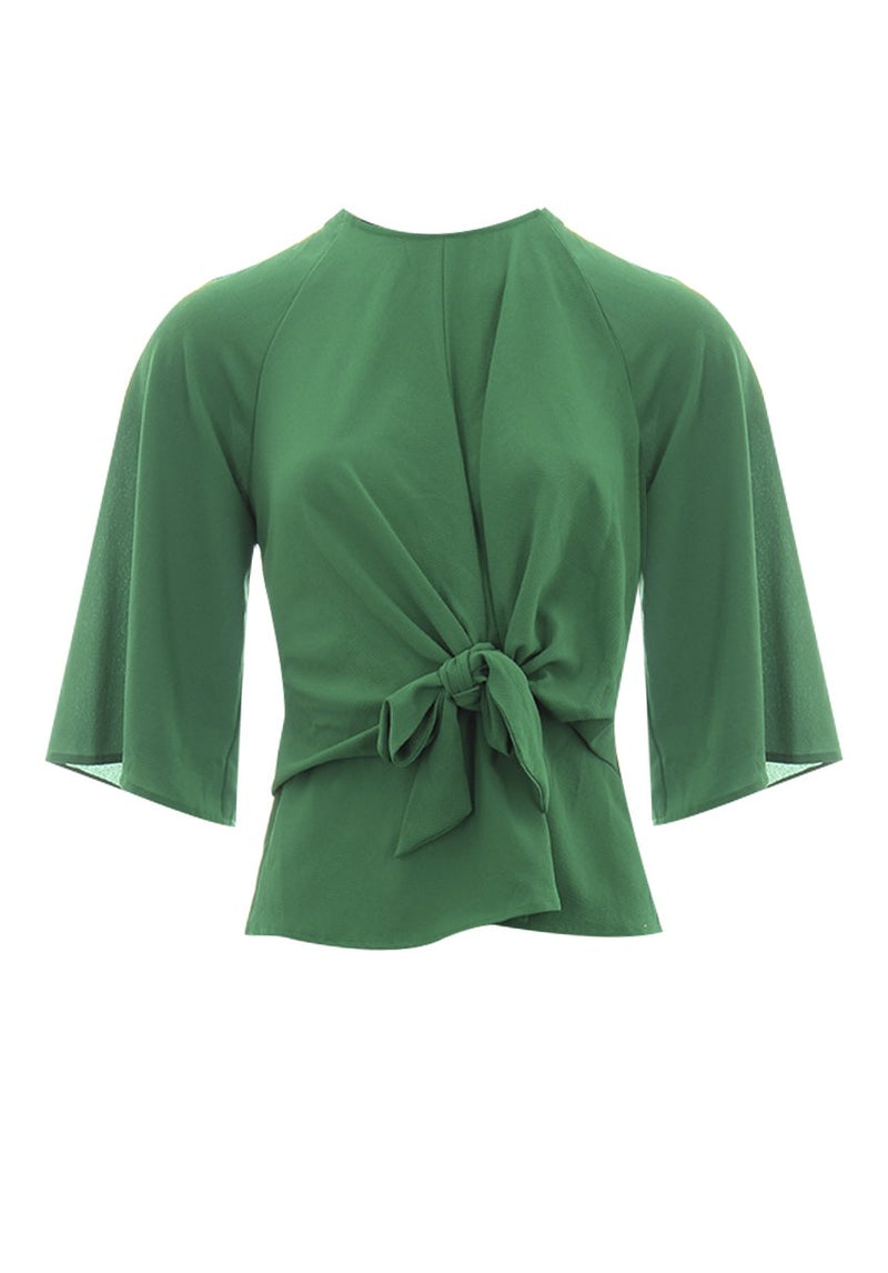 Green Tie Waist Flared Sleeve Top