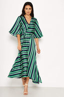 Green Striped Wrap Over Dress
