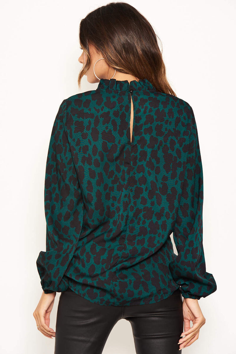 Green Leopard Print High Neck Top