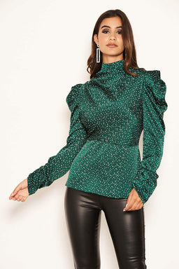 Green Spotty Puff Sleeve Top