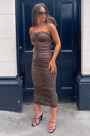 Grey Strapless Ruched Bodycon Midi Dress