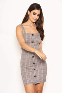 Grey Check Button Front Detail Dress